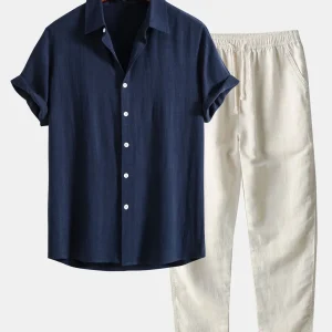 Lin og rayonblanding Skjorte med knapper og linbukser med rette ben
