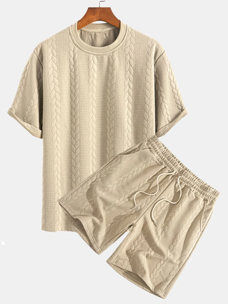 Avslappet passform mellomlangt erme Twist jacquard T-skjorte og shorts - Image 3