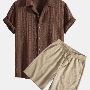 Geometrisk jacquard eyelet cubansk skjorte og krøllete tekstur trekksnor korte bukser