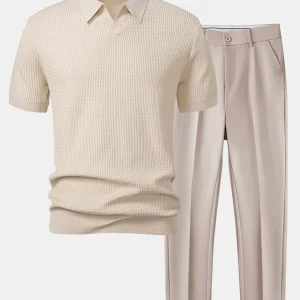 Golf jacquardstrikket V-hals polo-skjorte og smal passform taperet bukse