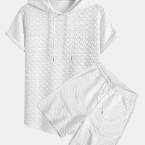Rutemønster Jacquard bueformet kant hette-T-skjorte og Rutemønster Jacquard shorts
