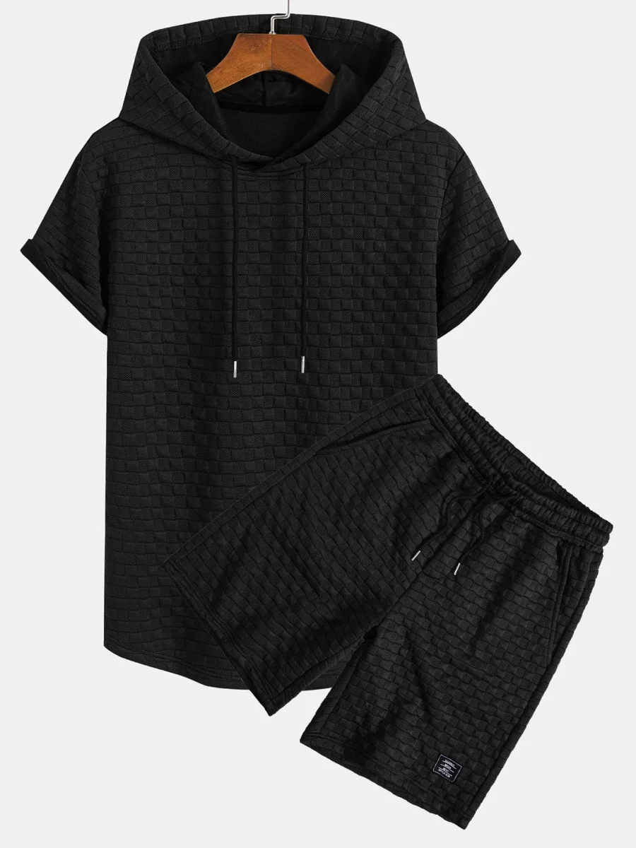 Rutemønster Jacquard bueformet kant hette-T-skjorte og Rutemønster Jacquard shorts - Image 3