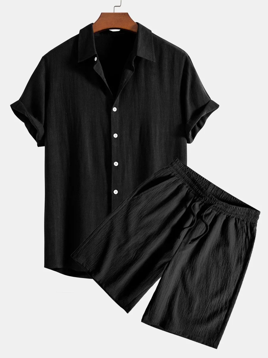 Lin- og rayonblanding skjorte med knapper og rynket tekstur, shorts med snøring - Image 8